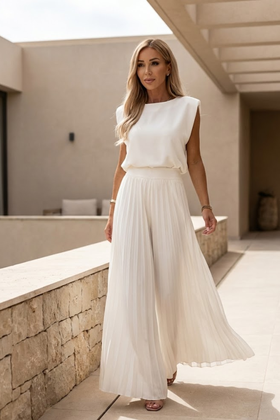 Woman in a lightweight sleeveless top paired with wide-leg trousers against a plain background.