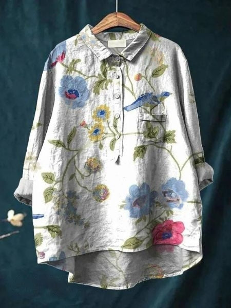 A floral blouse featuring a flattering and comfortable shape.