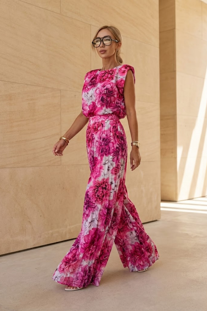Female model in a coordinated summer set featuring a flowing top and comfortable trousers.