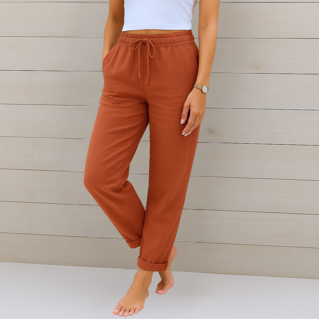 Female model showcasing breathable trousers designed for daily comfort and movement.