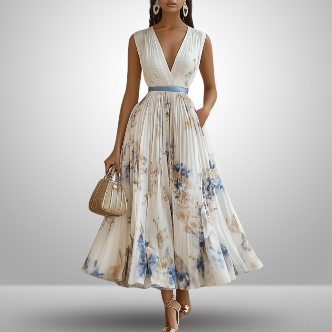 Woman wearing a sleeveless maxi dress with a V-neckline and pleated skirt against a plain background.