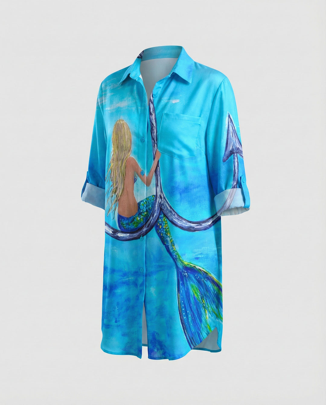 Long summer blouse with coastal-inspired print styling.