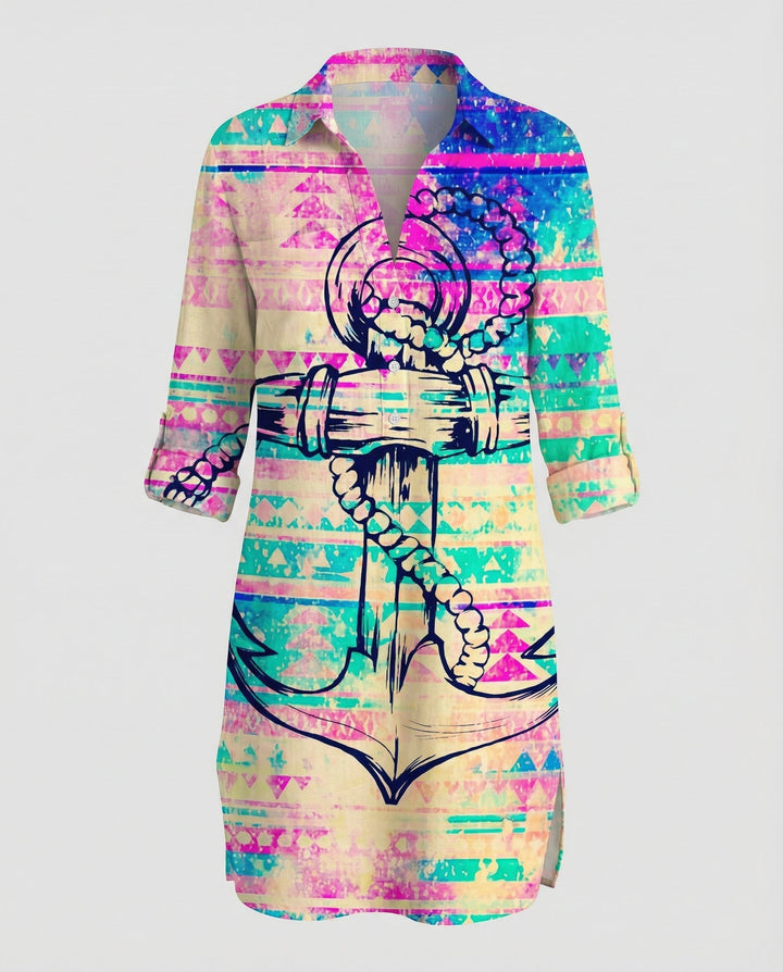 Nautical motif blouse styled for warm-weather outings.