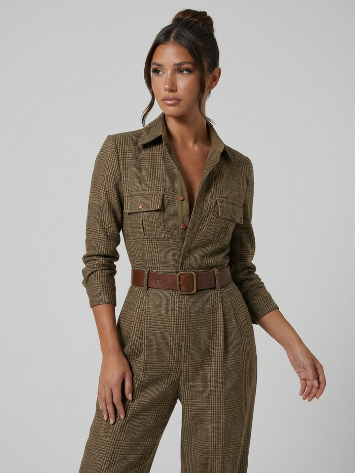 Female model in a wide-leg check jumpsuit with sleeveless styling on a plain background.