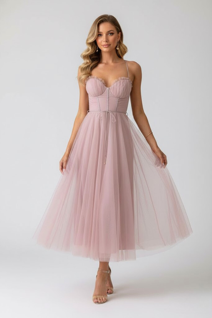 Woman wearing a halter midi dress on a plain background.