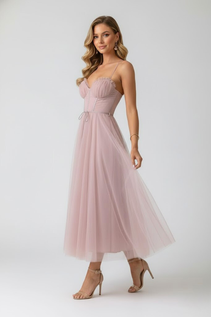 Model wearing a flowing midi dress with halter neckline on a plain background.