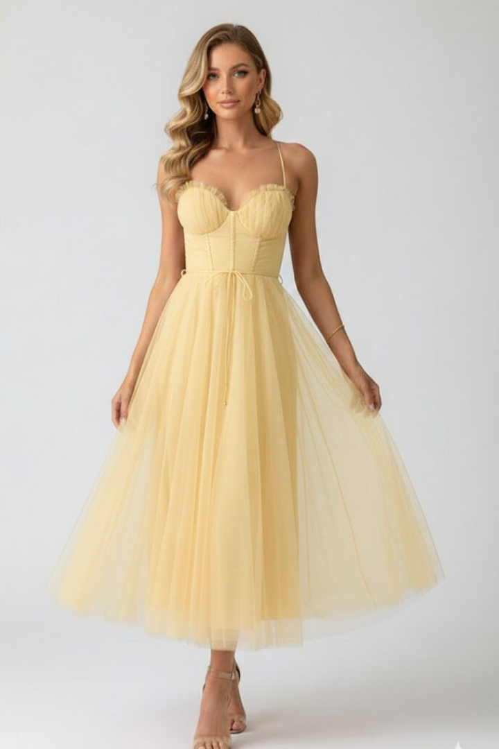 Model in a warm-weather halter dress on a plain background.