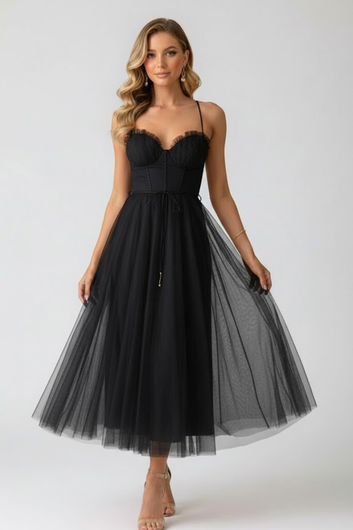 Woman wearing a midi dress with softly flowing skirt on a plain background.