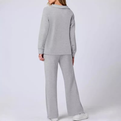 Female modelling a relaxed everyday co-ord set against a plain background.