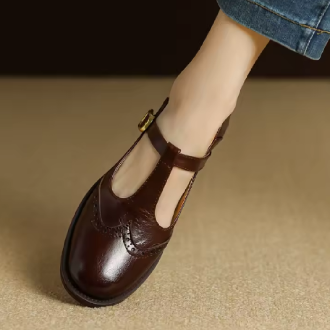 Vintage T-bar Mary Jane shoe with block heel on a plain background.