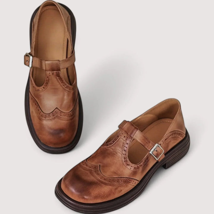A strap shoes with a simple plain background.