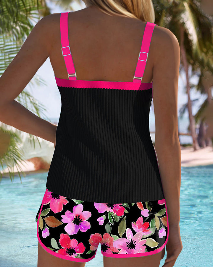 Female in a modern bikini set designed for comfortable movement on a plain background.