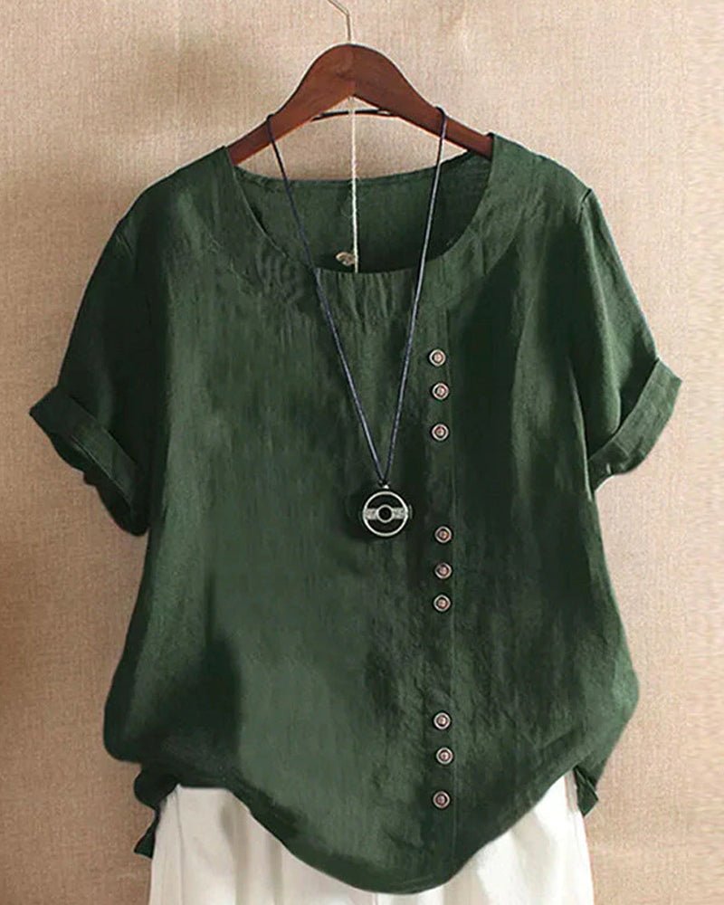  Woman modelling a lightweight everyday top with front button detail.