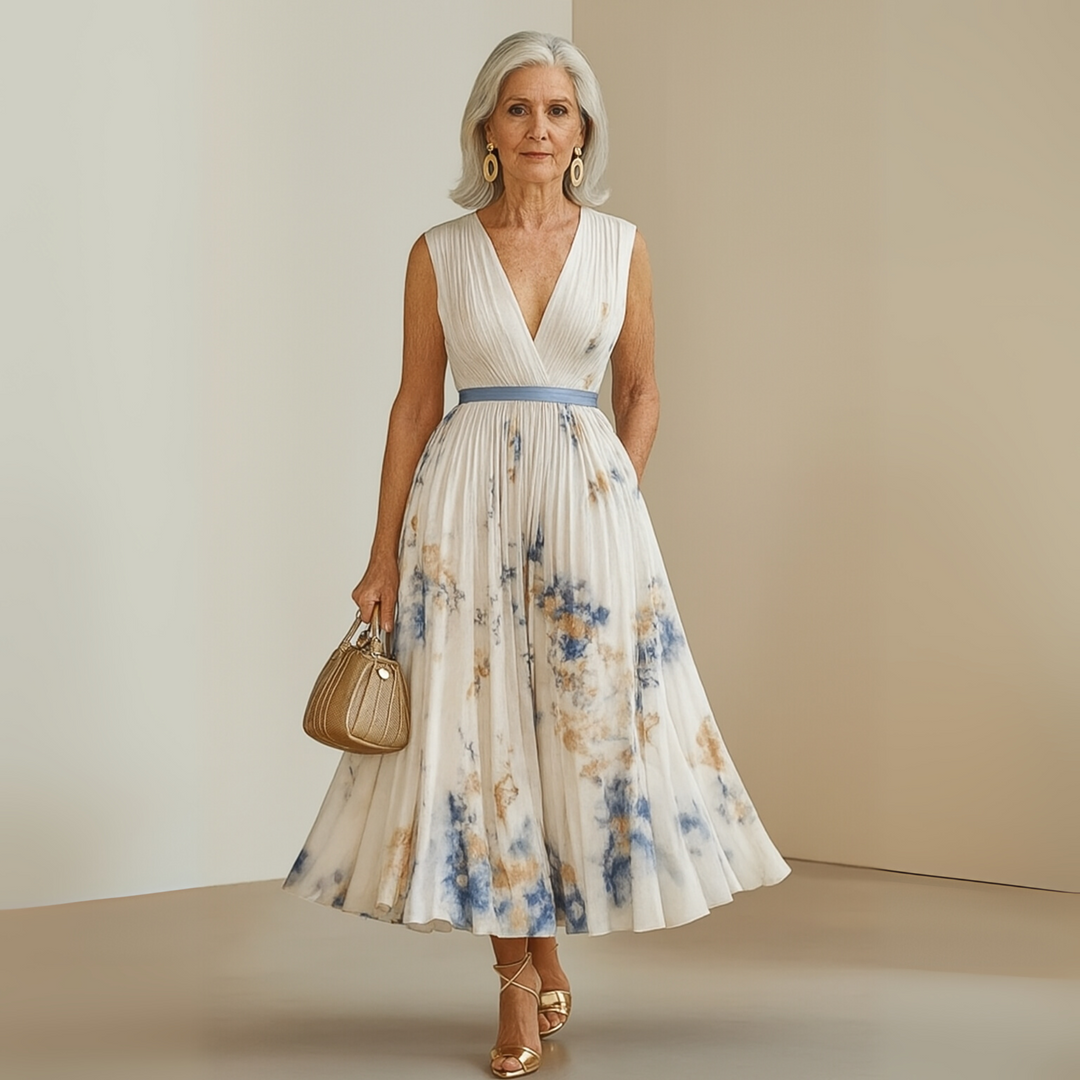 Female modelling a flowing maxi dress with a deep V-neckline.