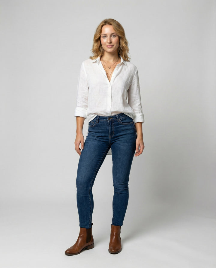 Female modelling a comfortable V-neck blouse with long sleeves.