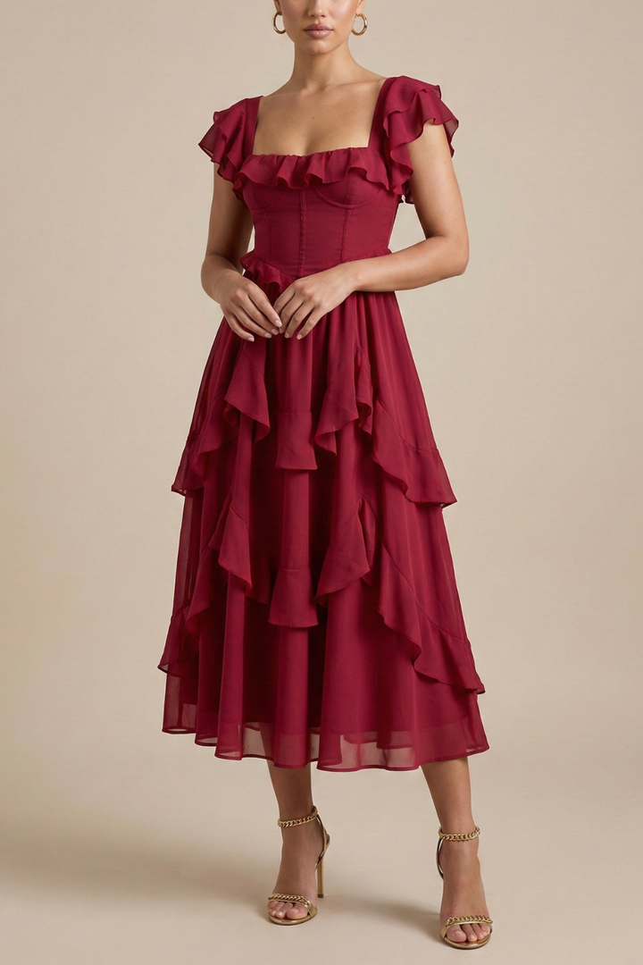 Woman wearing a flowing dress with a defined waist and layered skirt on a plain background.