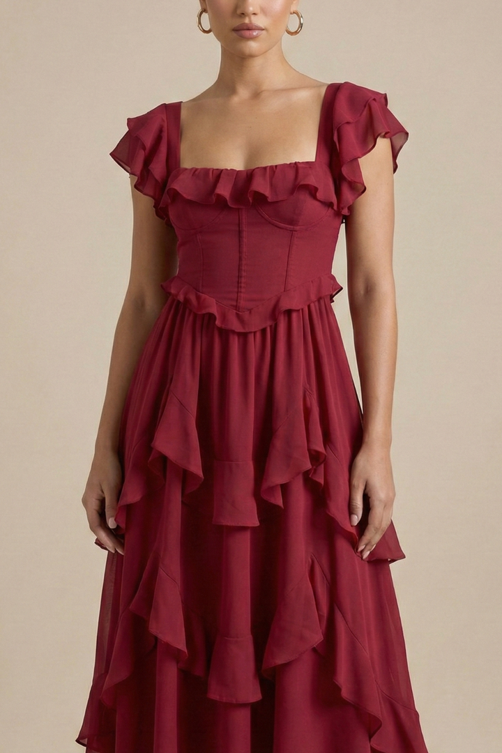Woman showcasing a fitted waist midi dress with cascading skirt panels on a plain background.