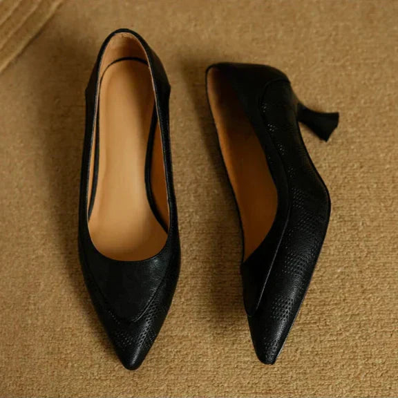 Elegant pointed toe shoes with a plain background.