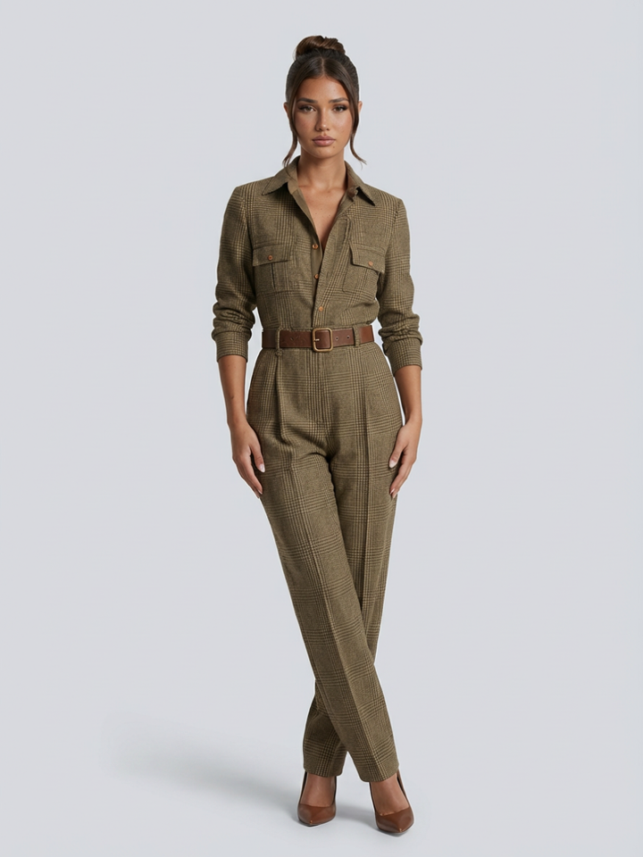 Female model wearing a sleeveless check jumpsuit with a defined waist on a plain background.