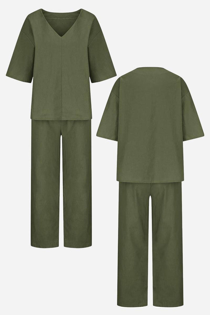  Female model in a coordinated top and trouser set designed for casual and smart-casual occasions.