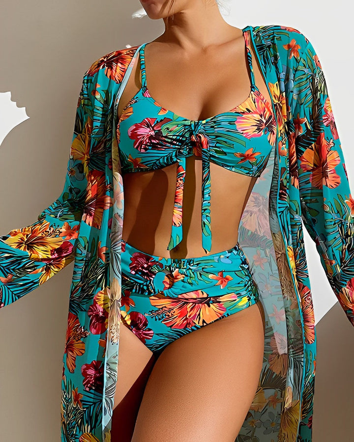 Model wearing a resort-style 3-piece bikini set on a plain background.