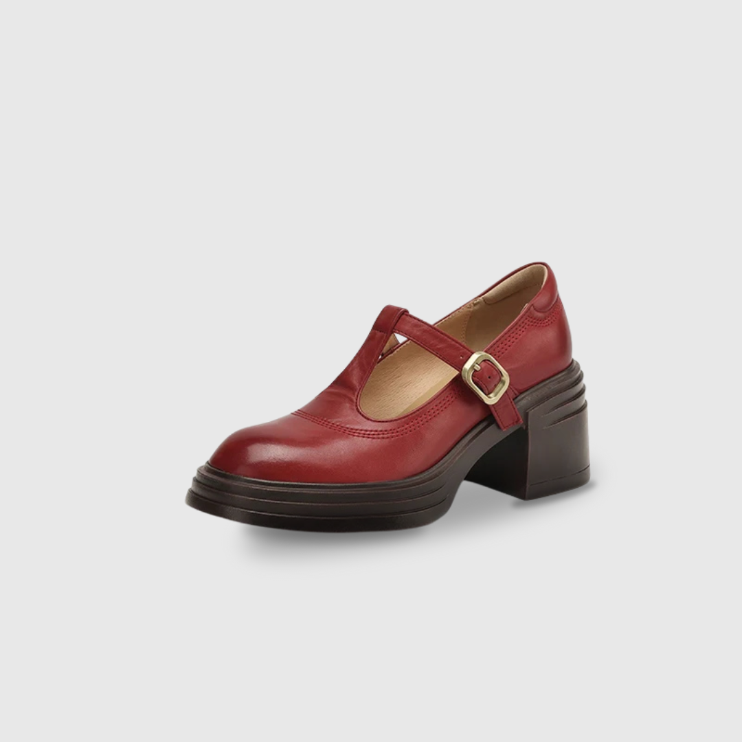 Buckle strap Mary Jane heels against a plain background.