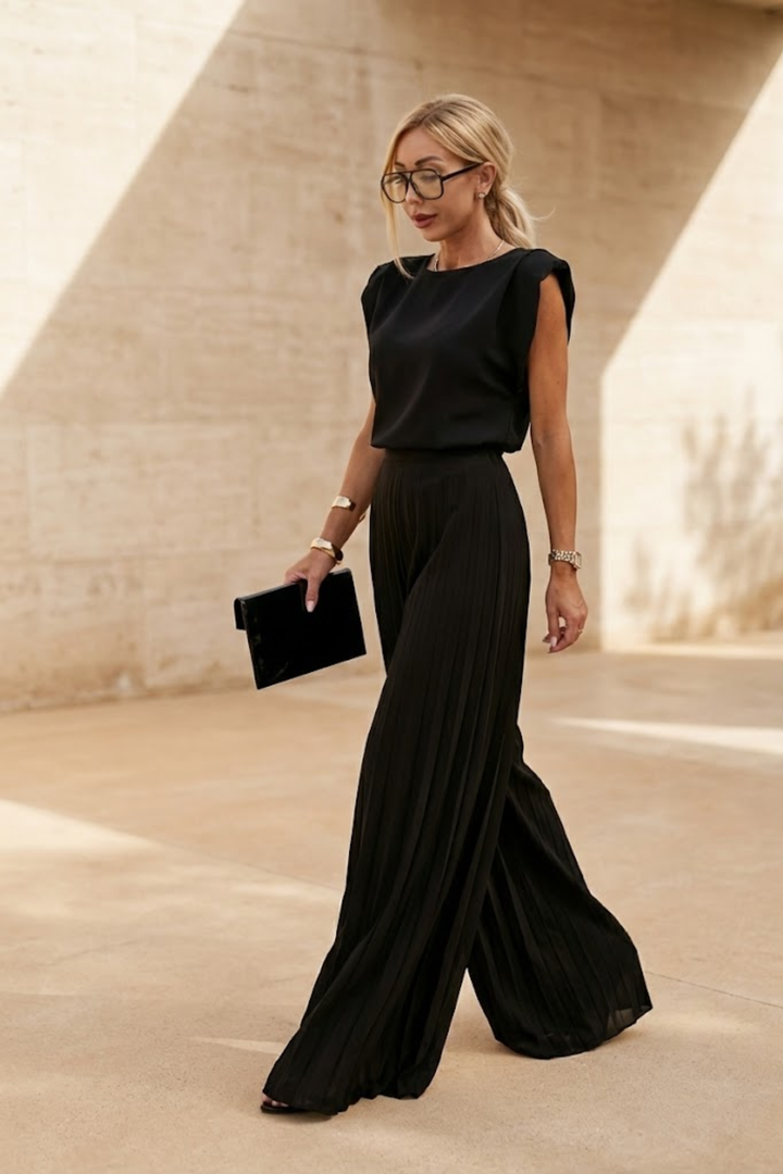 Female model showcasing a lightweight two-piece set with a sleeveless top and high-waist trousers.