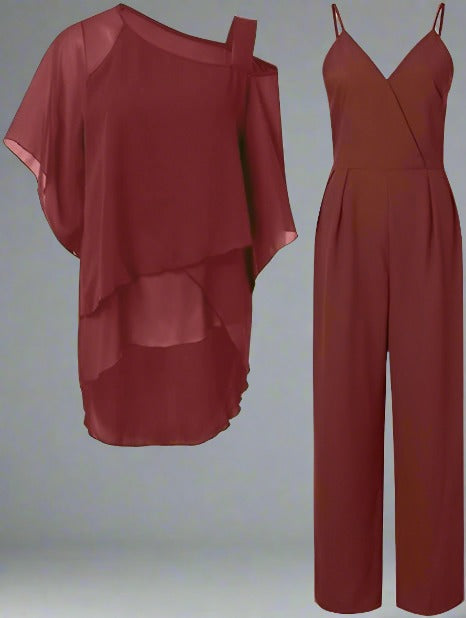 Coordinated evening outfit with asymmetric hem detail.