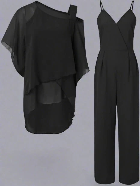 Ankle-length trousers with a flowing chiffon-style top.