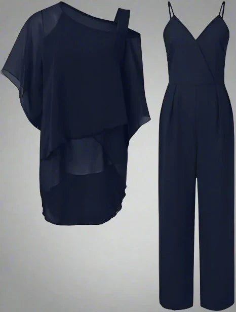 Elegant loose-fitting two-piece set with layered top.