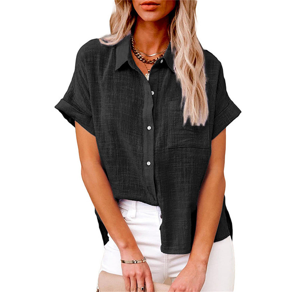  Model wearing a casual striped blouse styled for everyday wear.