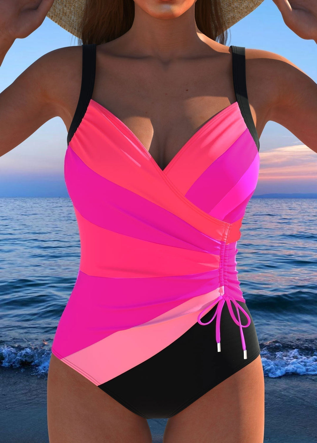 Woman wearing a colorful wrap-front swimsuit with contouring shape on a beach background.