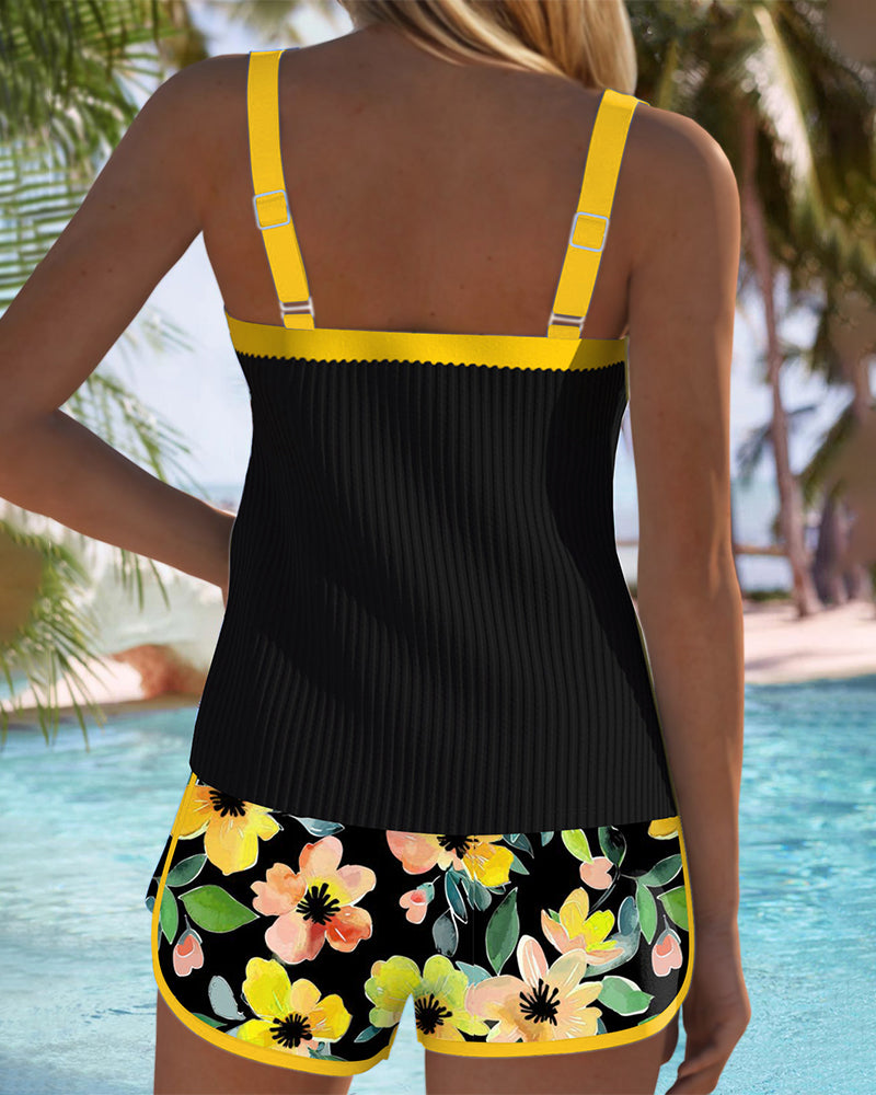 Woman wearing a chic bikini set with waist-smoothing detail on a plain background.