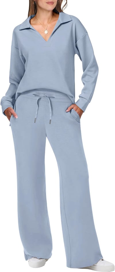 Female wearing a matching lounge set with clean lines and slim fit styling.