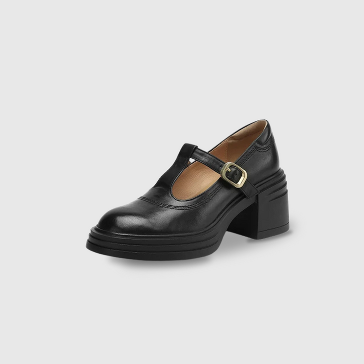 Round toe block heel shoes on a plain background.