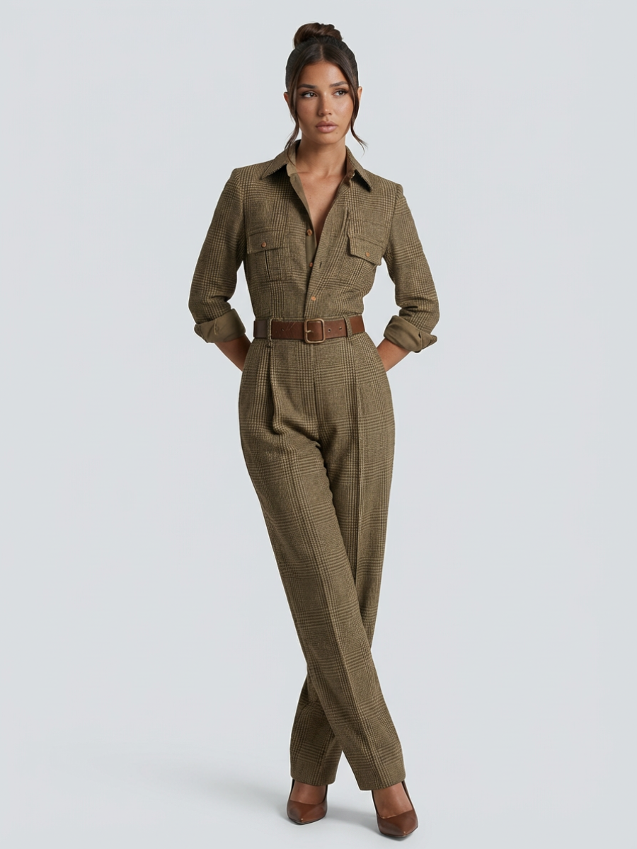Female model showcasing a round-neck check jumpsuit with wide-leg cut on a plain background
