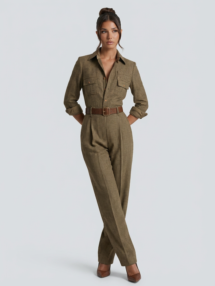 Female model showcasing a round-neck check jumpsuit with wide-leg cut on a plain background
