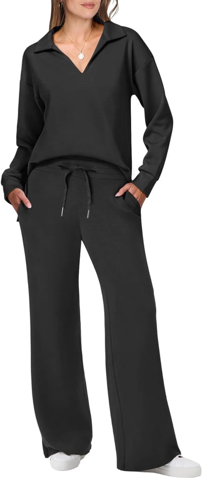 Woman in a fitted lounge set with a longline top and leggings.