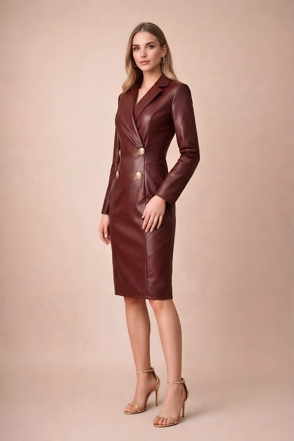 Woman posing in a long sleeve faux leather midi dress with gold-tone buttons against a plain background.