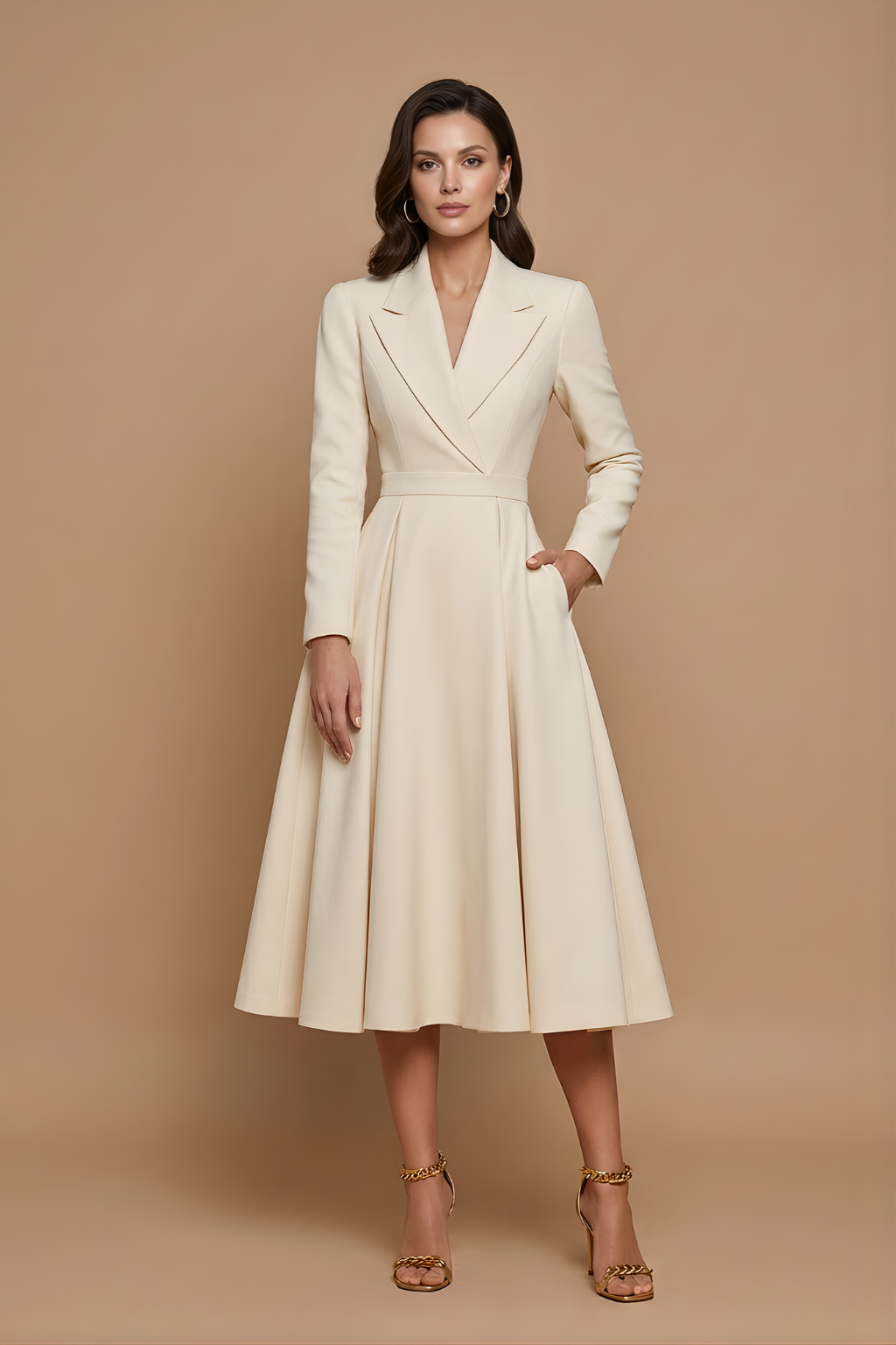 Woman wearing an A-line midi dress with notched lapel on a plain background.