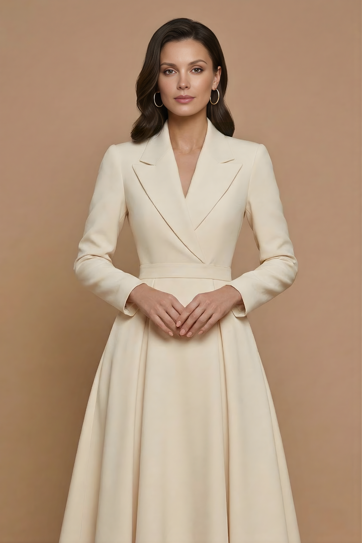 Woman modelling a wrap-style midi dress with deep V-neckline and lapel.
