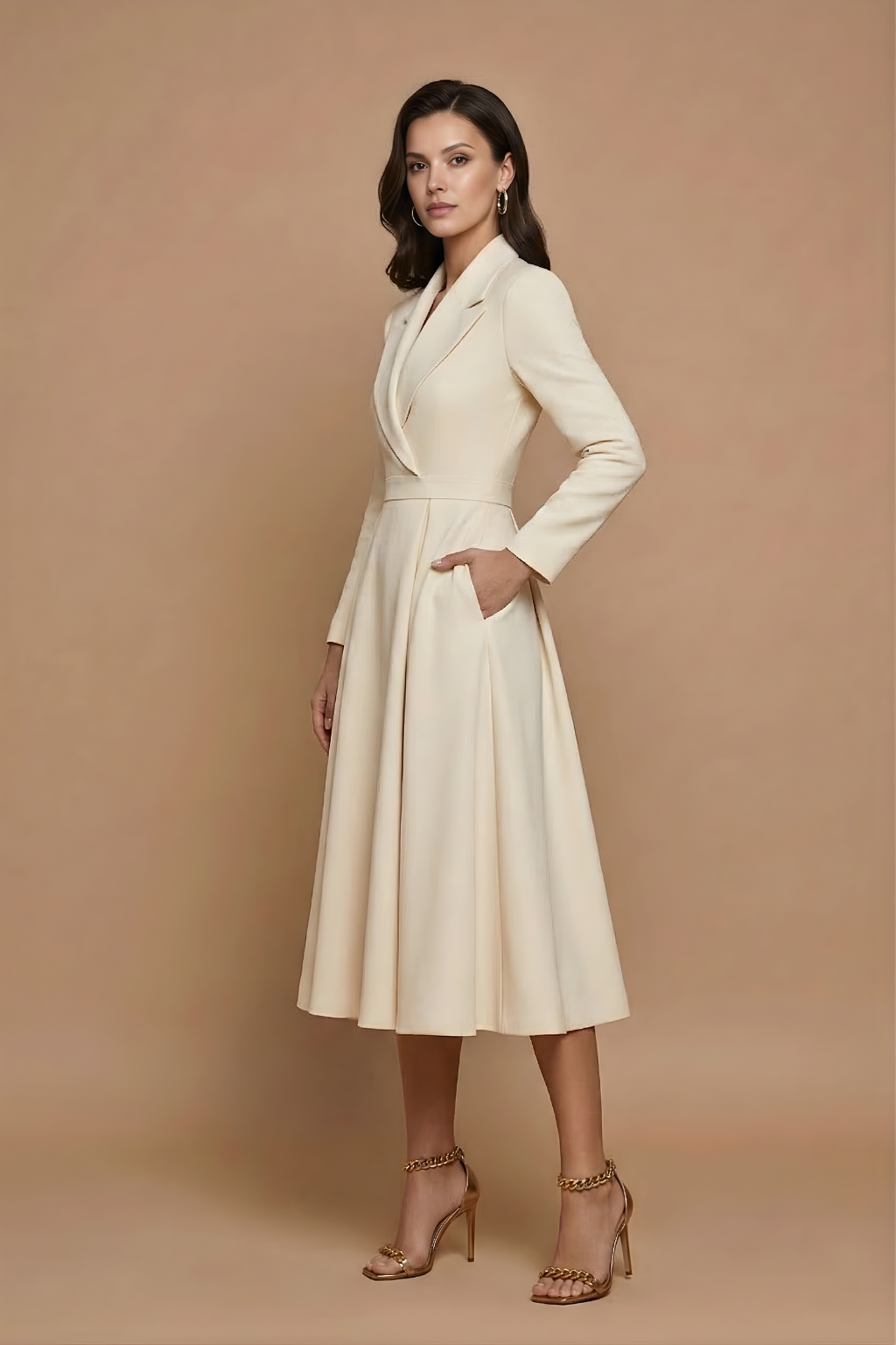 Female in a long sleeve midi dress with pleated full skirt on a plain background.