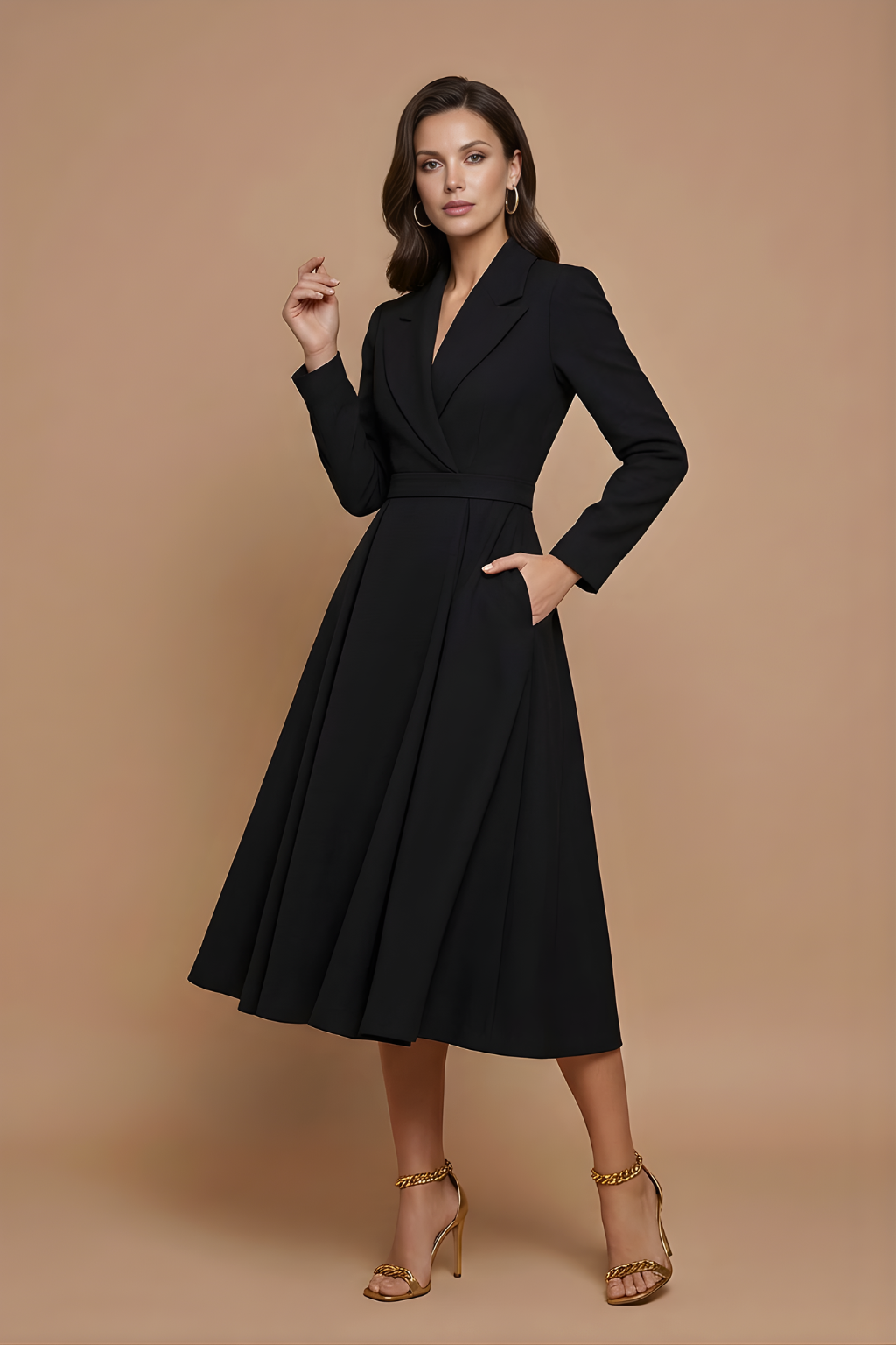 Female wearing a structured long sleeve dress with a pleated A-line skirt.