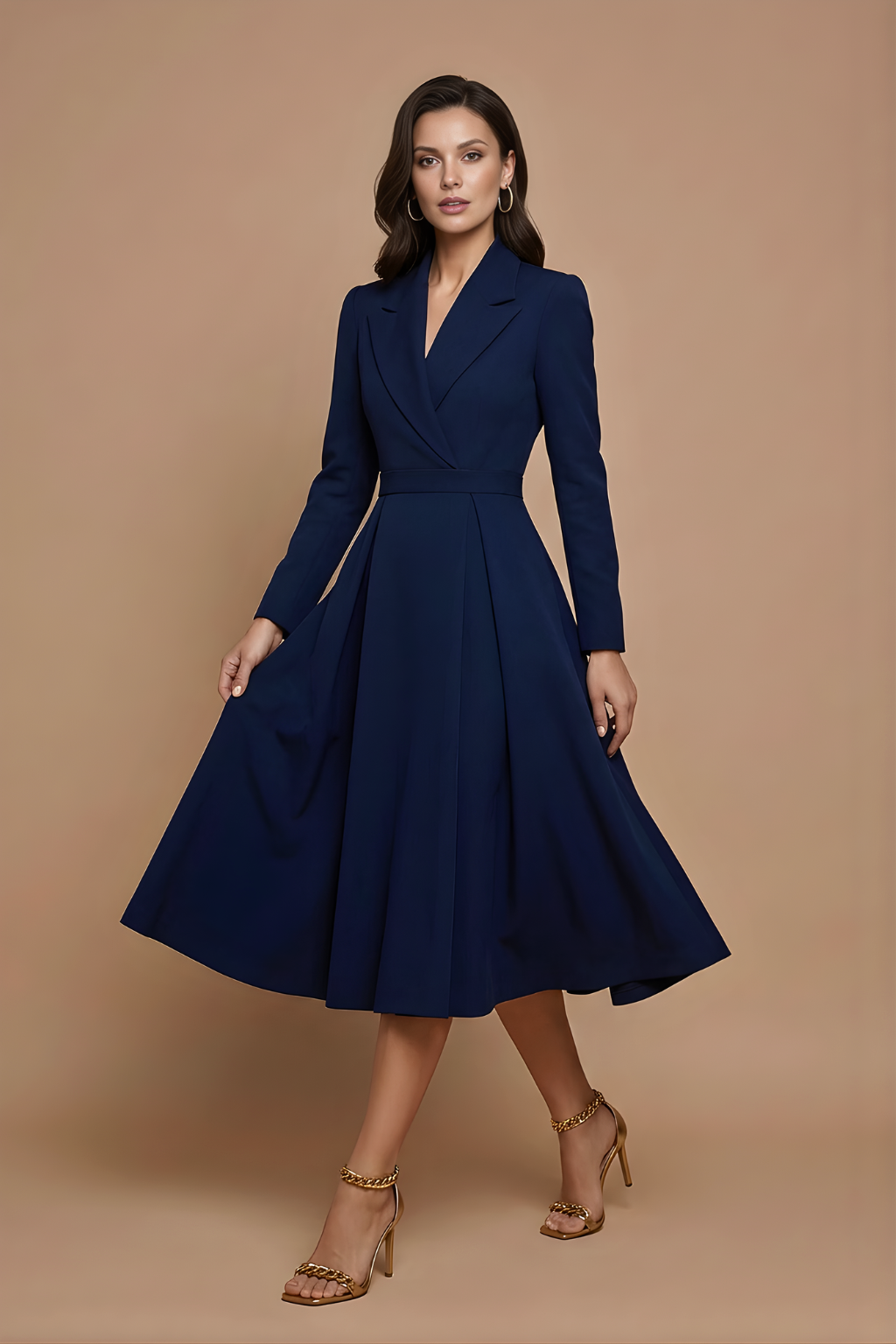Woman in a smart casual midi dress with side pockets on a plain background.