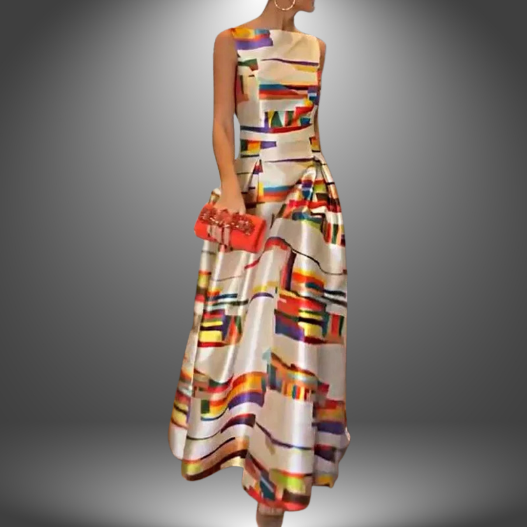 Female model wearing a colorblock maxi dress against a plain background.
