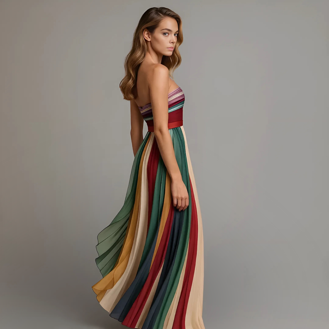 Female modelling a maxi dress with vertical pleated panels and a fitted bodice.