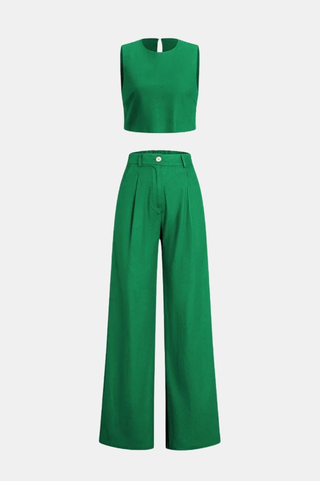 Model wearing a matching crop top and wide-leg trouser set on a plain background.