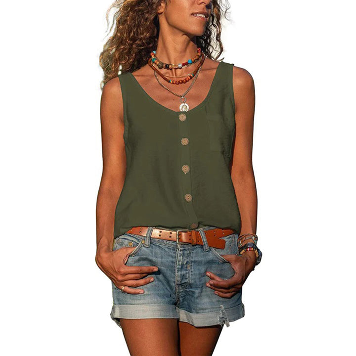  Woman in a loose fit sleeveless top with a simple modern silhouette.