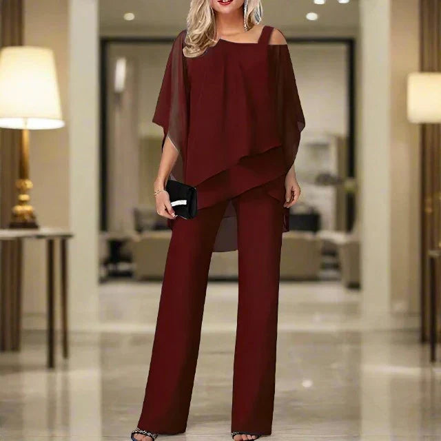 Female wearing a smart casual two-piece outfit with flowing silhouette.