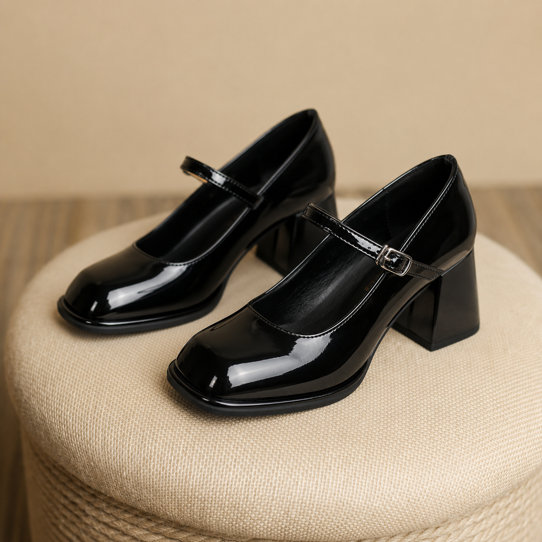 Patent-look ankle strap heels on a plain background.